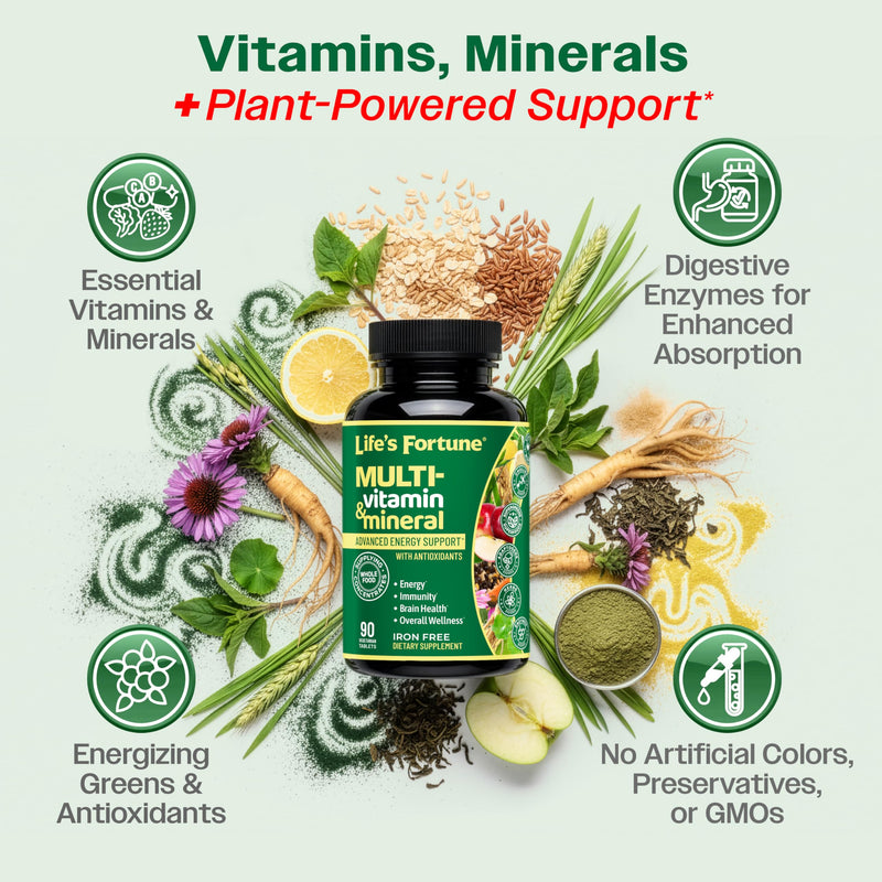 Life's Fortune Whole Food Multivitamin & Mineral Supplement for Men & Women – Energy Support Vitamins for Immune, Brain & Metabolism Support – Iron Free, 90 Vegetarian Tablets 90 Count (Pack of 1)