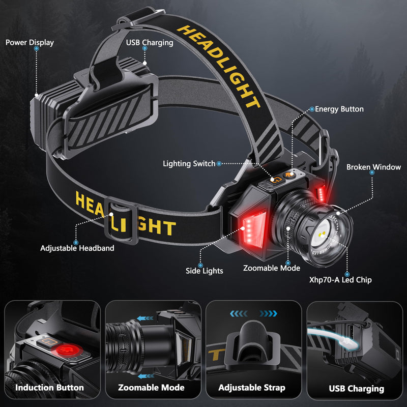 LED Headlamp Rechargeable，4000 Super Bright Head Lamp with 12 Modes & 90H Long Battery Life & Motion Sensor & IPX7 Waterproof,90° Adjustable Headlight for Outdoor Camping, Cycling, Hiking