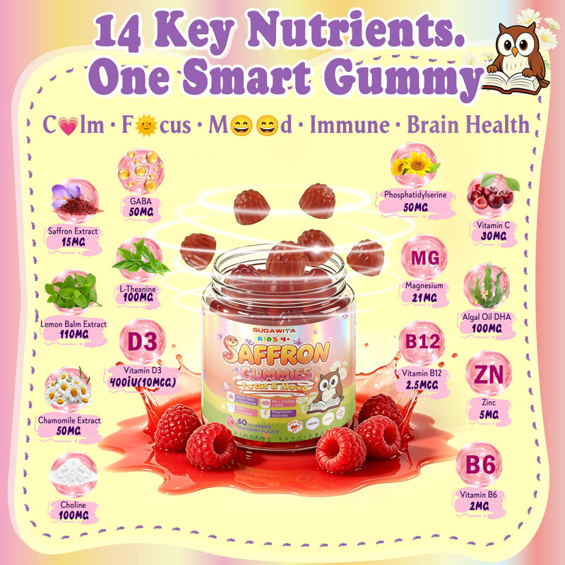 Saffron Gummies Kids Teen 14in1 30mg Saffron Extract No Sugar 60ct | Organic Saffron, Magnesium Glycinate, PS, L-Theanine, Chamomile, Vitamins B6 & B12, No Sugar, for Kids & Teens 4+