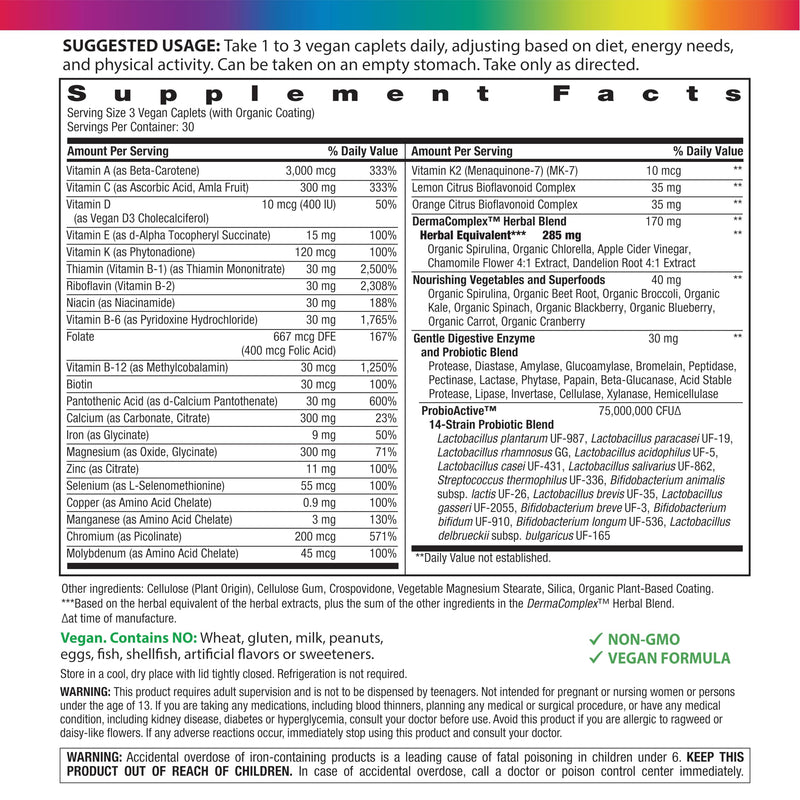 Rainbow Light Teen Multivitamin for Boys & Girls | 90 Caplets | with DermaComplex, Iron, Probiotics & Enzymes