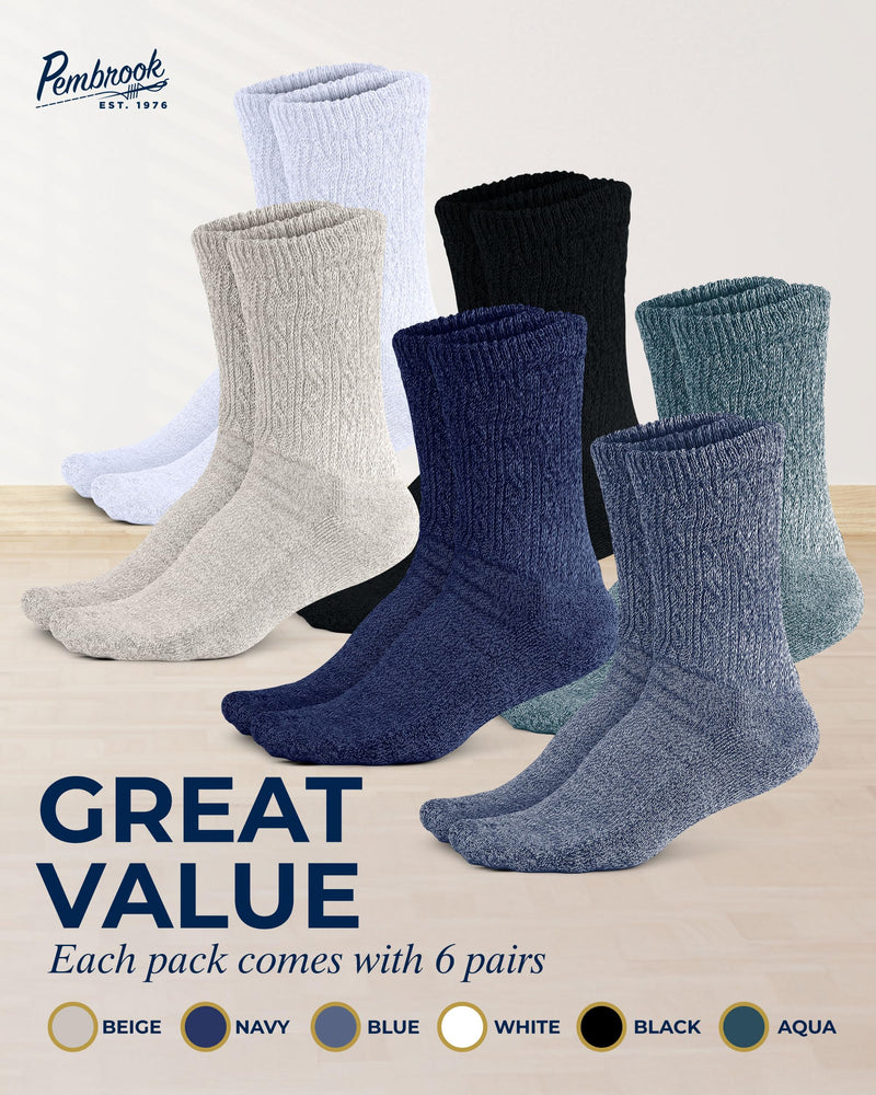 Pembrook Diabetic Socks for Women - 6 Pairs Cable Knit Viscose Bamboo Socks Woman, Non-Binding Top, Moisture-Wicking Black/White/Beige/Aqua/Blue/Navy - 6 Pairs Medium - BeesActive Australia