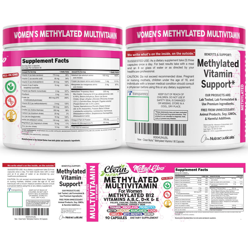 Methylated Multivitamin for Women Vitamins B6 Methyl B12 A B C D K E Folate Choline Omega 3 Thiamine Riboflavin Iron Iodine Magnesium Zinc Selenium Copper Calcium 90 Capsules by Clean Nutra