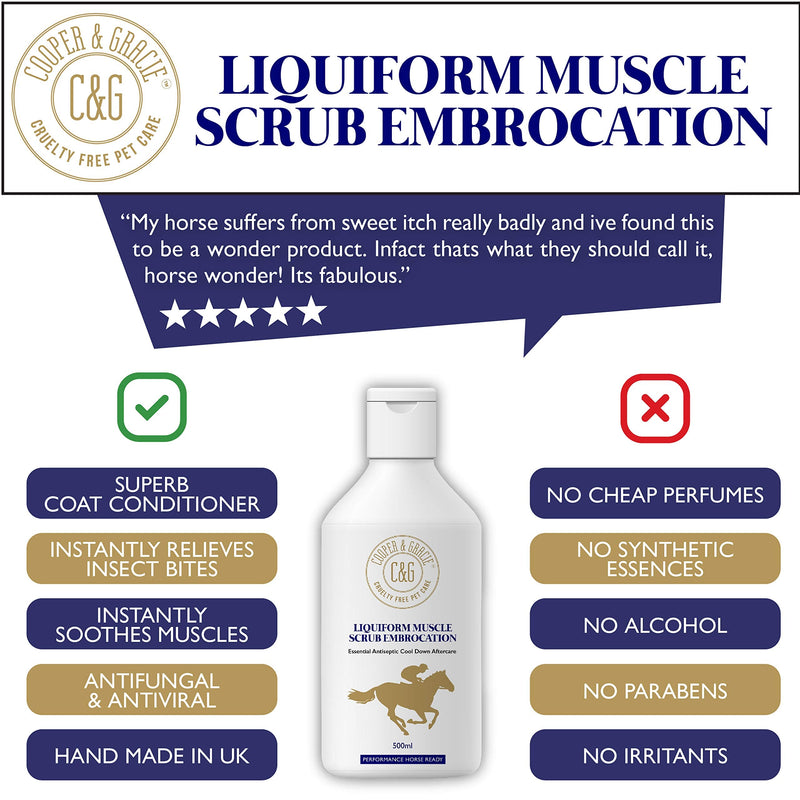 C&G Pets Horse Liquiform Muscle Scrub Embrocation 500ml – Natural Therapeutic Wash with Antiseptic & Antibacterial Properties by Cooper and Gracie | Fast-Absorbing Relief, Prevents Sweat Itch 500 ML