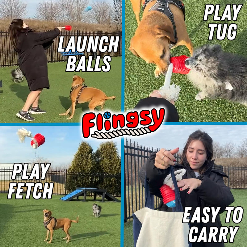 Made in USA Flingsy Dog Ball Launcher and Rope Tug Fetch Thrower Combination Throwing Toy with 100-Percent Natural Cotton Rope Red Flingsy Launcher Rope Toy with 1 Ball - BeesActive Australia