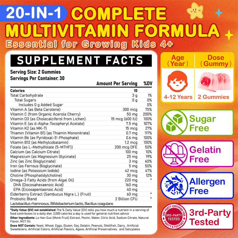 Sugar Free Kids Multivitamin Gummies - Kids Vitamins with Iron, Probiotics & Omega-3 for Healthy Growth - Plus Elderberry, Vitamin C, D3 & Zinc for Immunity - Ages 4-12, Natural Peach Flavor 60 Count (Pack of 2)