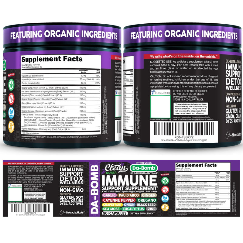 Organic Immune Support with PAU D'Arco Garlic Cayenne Pepper Oregano Ginger Grapefruit Onion Black Seed Sea Moss Black Pepper Zinc Eucalyptus Vitamin C Vitamin D Organic Soursop By Clean Nutra 1