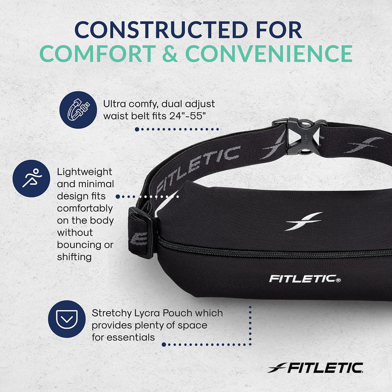 Fitletic Active Lifestyle Fanny Pack & Mini Sports Running Belt For Men & Women – Lightweight, Low Profile- Ultra-Soft Expandable Lycra Pouch - Fits All Phones – Inner Pocket Black