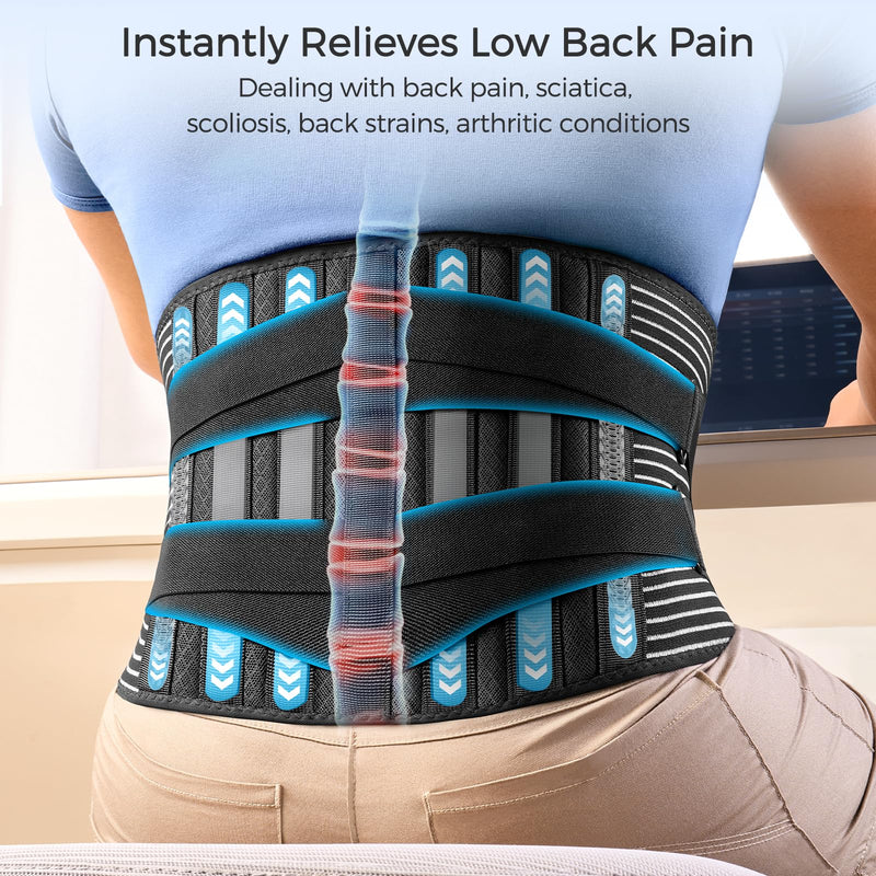 FREETOO Back Braces for Lower Back Pain Relief with 6 Stays, Breathable Back Support Belt for Men/Women for work , Anti-skid lumbar support belt with 16-hole Mesh for sciatica(M) M(29.5"-37.4")