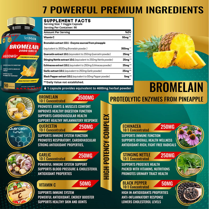 Bromelain Extract Capsules 4600mg, Proteolytic Enzymes & VitC, Quercetin, Echinacea, Garlic, Pepper - Supports Digestion Health, Nutrient Absorption - 90caps, 3Months supply - BeesActive Australia