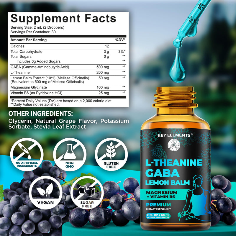 KEY ELEMENTS Liquid GABA with L Theanine Supplement | GABA 500mg and L-Theanine 200mg with Lemon Balm Extract and Magnesium with Vitamin B6