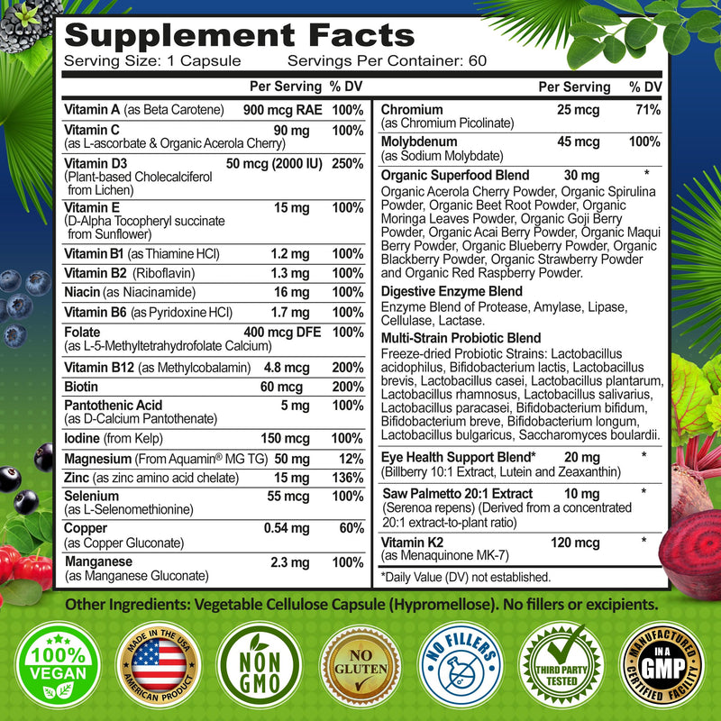 Vegan Methylated Multivitamin for Men 50 and Over - Saw Palmetto & Lutein | Men's Daily Multivitamin 50 Plus - Eye, Energy & Digestive Support, Organic Superfoods, Biotin, Easy-to-Swallow Capsules 60 Count (Pack of 1) Men's 50+ Multivitamin