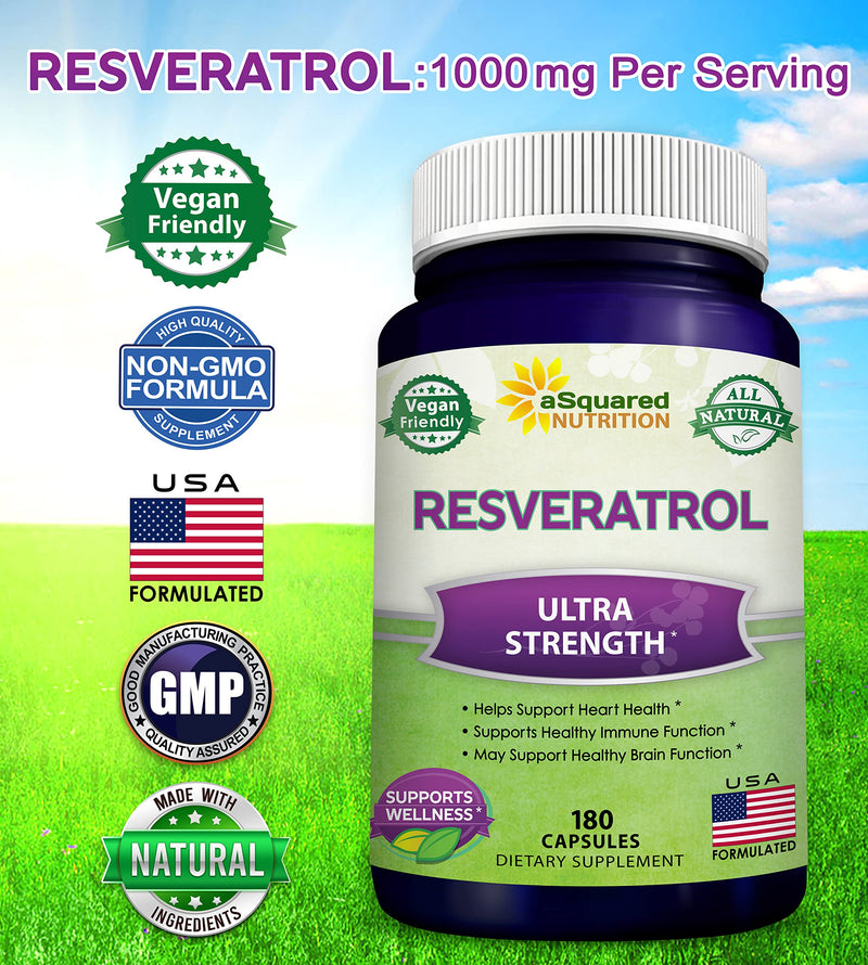 100% Natural Resveratrol - 1000mg Per Serving Max Strength (180 Capsules) Antioxidant Supplement, Trans-Resveratrol Pills for Heart Health & Pure, Polyphenols (Pack of 2) 180 Count (Pack of 2)