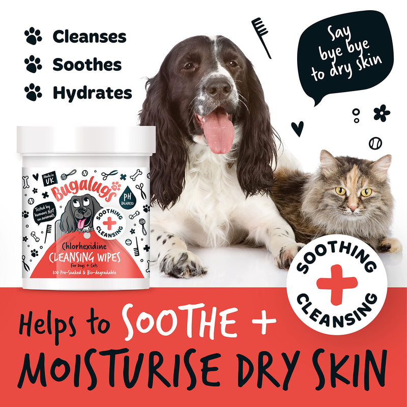 BUGALUGS Dog Wipes for pawly skin - 100 Biodegradable dog grooming pet wipes. Use as Dog ear wipes, dog eye wipes, dog face wipes, Paw & Bum wipes for puppy, dogs & cat grooming