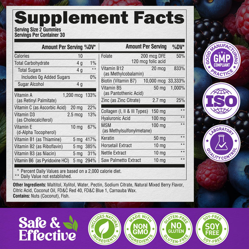 Biotin Gummies for Hair Growth Support - for Women & Men - Berry, Pack of 2 | Biotin 10000mcg, Collagen, Keratin, Hyaluronic Acid, B-Complex, Saw Palmetto - Hair, Skin & Nail Strengt Support - Sugar-Free Mixed berry 60 Count (Pack of 2)