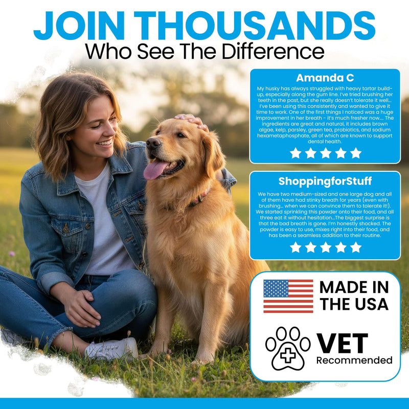 Advanced Dental Powder for Dogs - 4oz of Teeth Cleaning Powder with Scoop for Tartar, Bad Breath, Biofilm, Gum, and Tooth Health - Brown Algae, Kelp, Parsley, Green Tea, Probiotics - Made in USA