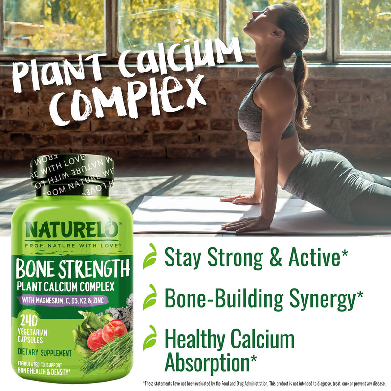 NATURELO Calcium Supplement with Vitamin C, D3, K2, 240 Vegetarian Capsules | Magnesium & Zinc for Bone Strength,Plant-Based Calcium 600mg , Non-GMO, Soy & Gluten-Free Unflavored 240 Count (Pack of 1)