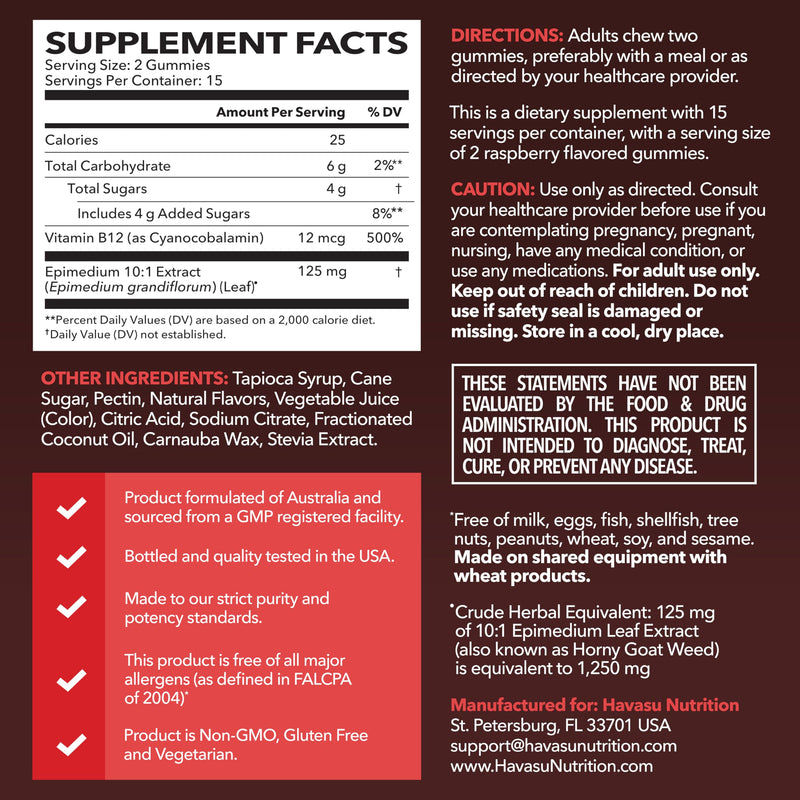 Horny Goat Weed Gummies with Vitamin B12, Raspberry Flavor, 30 Count | 30 Count, Vegetarian-Friendly, Non-GMO, Pectin-Based Gummies for Energy and Endurance Support, Raspberry Flavor, 15 Servings 30 Count (Pack of 1)