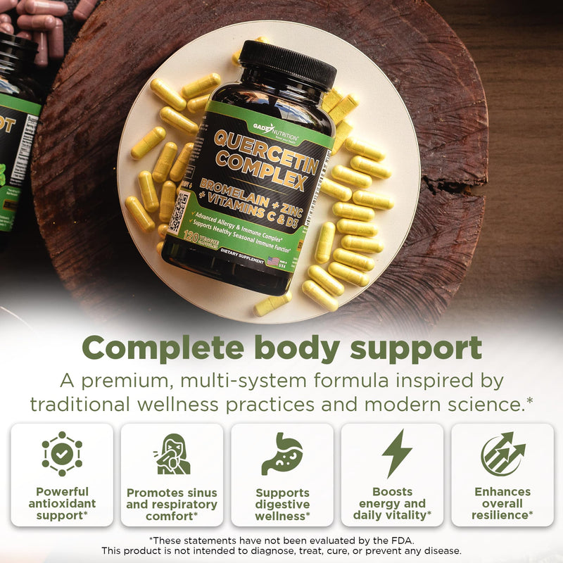 Gade Nutrition Organic Quercetin with Bromelain Vitamin C and Zinc | Immune Support Supplement Quercetin 500mg Capsules | Bioflavonoids Made in USA Third Party Tested | 4 Months Supply 120 Count (Pack of 2)