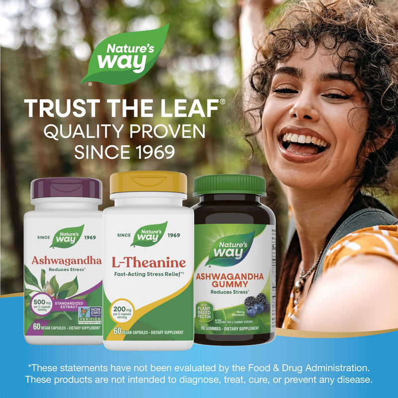 Nature's Way L-Theanine Capsules for Stress Support*, 200 mg, 60 ct | Promotes Relaxation*, 200 mg per 2-Capsule Serving, Fast-Acting Stress Relief*, Vegan 5660 Count (Pack of 1) 60 Count (Pack of 1)