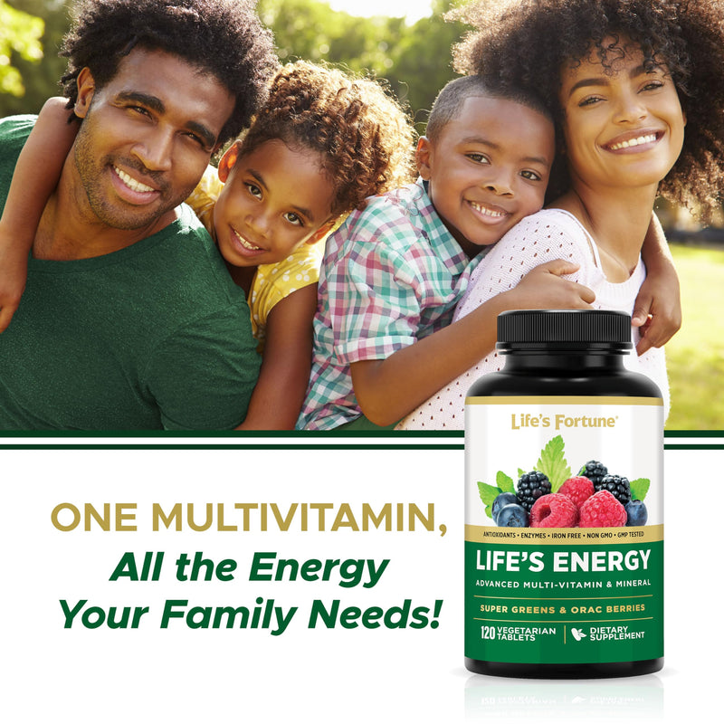 Life's Energy Advanced Daily Multivitamin for Men & Women, Energy & Immune Support Supplement with Super Greens - Antioxidants & Enzymes - Iron Free, Vegetarian, 120 Tablets by Life's Fortune 120 Count (Pack of 1)