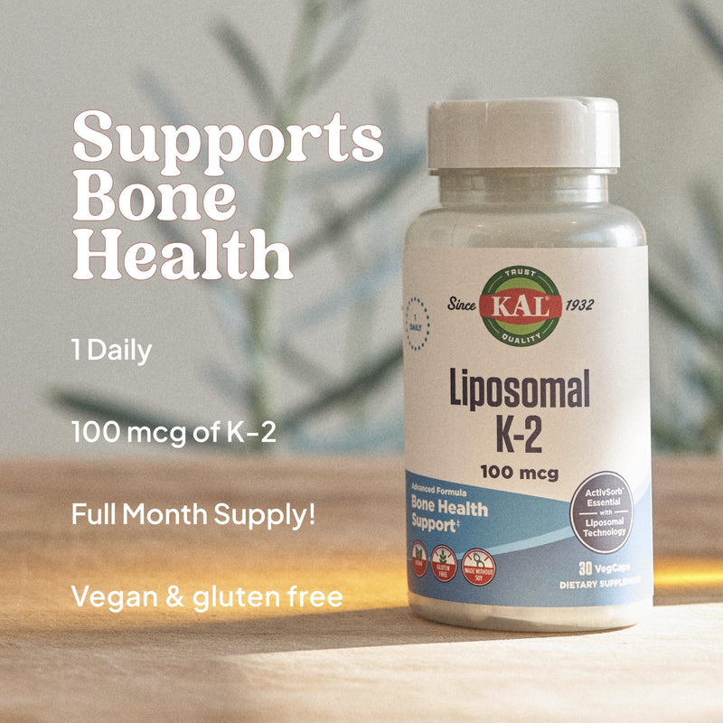 KAL Liposomal Vitamin K2 Supplement with MK7 100 mcg - High Absorption, Liposomal Technology - Advanced Bone Support - Vegan, Gluten Free, Made Without Soy, 30 Servings, 30 VegCaps 30 Count (Pack of 1)