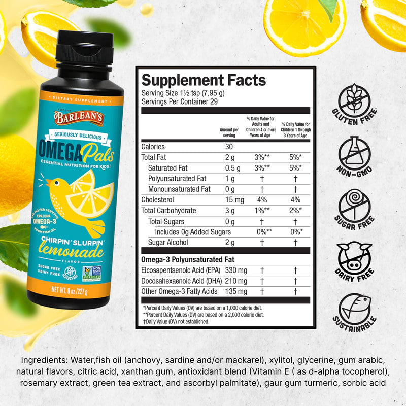 Barlean's Lemonade Omega Pals Kids Omega-3 Fish Oil, 540mg EPA & DHA, 8oz | Wild-caught kids fish oil, 540mg EPA DHA omega-3, Kid-friendly flavor, Non-GMO, Gluten-free, Liquid, Brain & eye Chirpin' Slurpin' Lemonade 8 Fl Oz (Pack of 1)