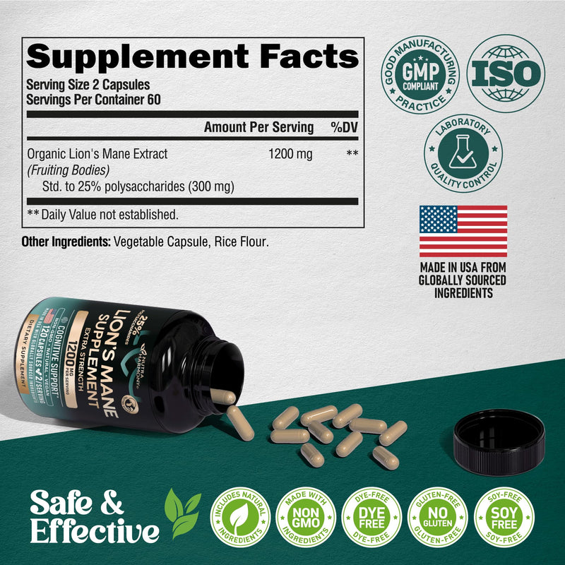 Lions Mane Supplement Capsules - Organic Lions Mane - Made in USA - Fruiting Bodies Extract - 1200 mg, 25% Polysaccharides - Memory & Focus Support - As Lions Powder - 120 Capsules, 2 Month Supply 120 Count (Pack of 1)