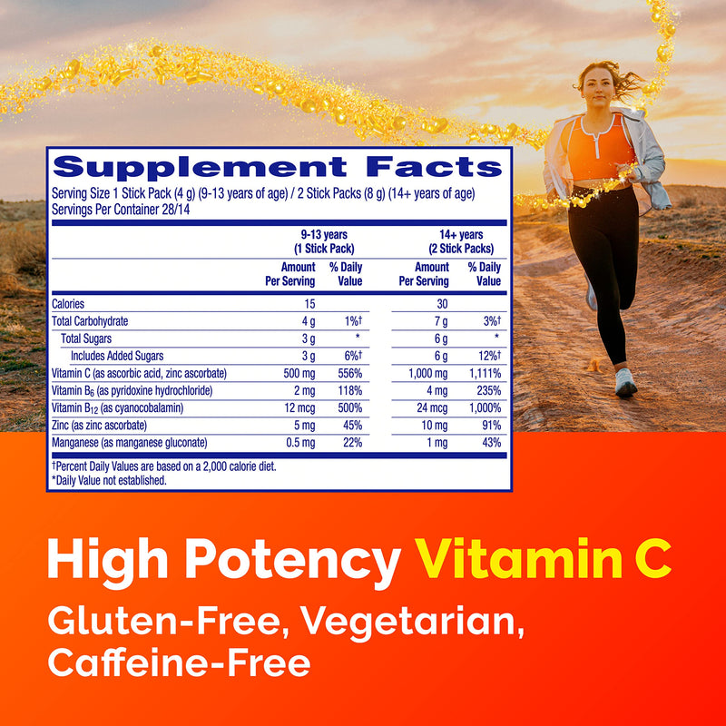 Emergen-C Crystals, On-The-Go Immune Support Supplement with Vitamin C, B Vitamins, Zinc and Manganese, Orange Vitality - 56 Stick Packs - BeesActive Australia