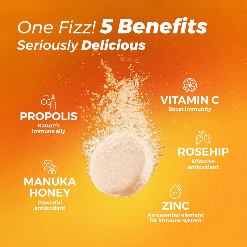 5 in 1 Immunity Plus – Immune Support & Antioxidant Supplement – Vitamin C, Zinc, Manuka Honey, Rosehip & Propolis – Natural Zesty Orange Flavor – 60 Day Supply Effervescent Tablets 60 Count (Pack of 1)