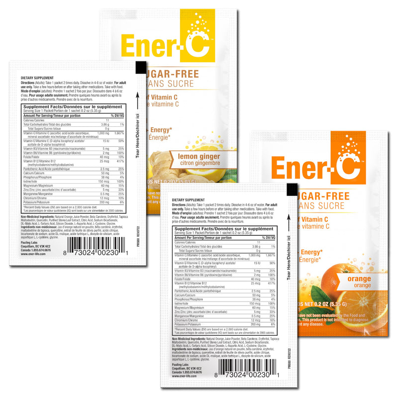 Ener-C Multivitamin Drink Mix, No Sugar - Orange & Lemon Ginger, 60 Count | Vitamin Powder for Water, Electrolytes Powder, Hydration Boost Packets, Zero Sugar, Vitamin C & B12