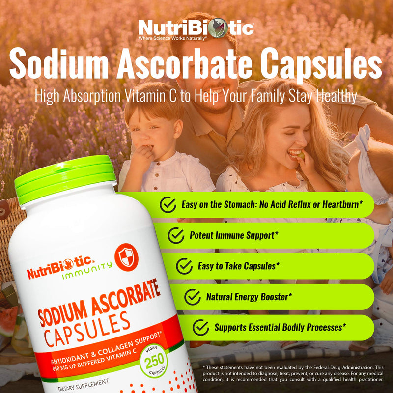 NutriBiotic - Sodium Ascorbate Buffered Vitamin C Capsules, 250 Ct | Vegan, Non-Acidic & Easier on Digestion Than Ascorbic Acid | Essential Immune Support & Antioxidant Supplement | Gluten & GMO Free Unflavored 250 Count (Pack of 1)