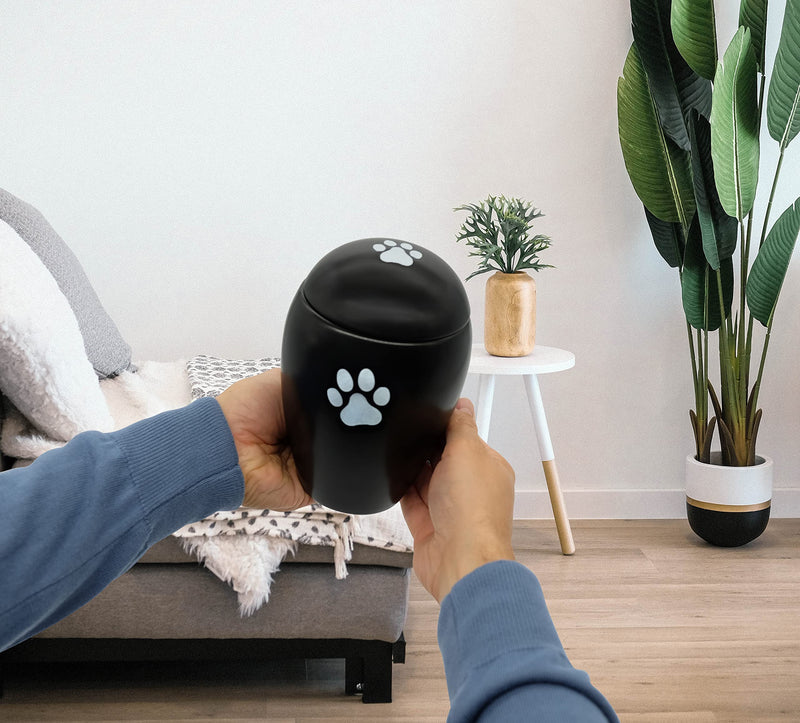 FeinKnick Devotional urn 1 liter for cats or dogs indoors and outdoors - handmade animal urn made of high-quality ceramic for dogs and cats in black with silver paw - weatherproof & for ashes - BeesActive Australia