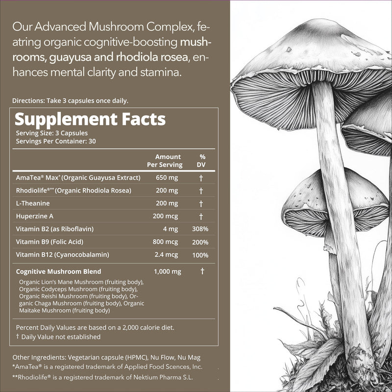 Lions Mane, Adaptogenic Mushrooms, Nootropics Brain Support Supplement, L-Theanine, Rhodiola Rosea, Guayusa Extract, B-Vitamins, Memory, Calming, Focus, Energy, Immunity, Gut Health, Organic, 30-Days 1