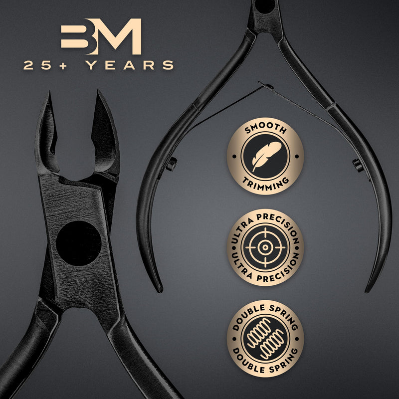 Cuticle Nipper, 1/2 Jaw (5 mm), Titanium Plated, High Carbon Stainless Steel, Hand Sharpened, Dual Spring, Autoclavable (Titanium Black) Titanium Black