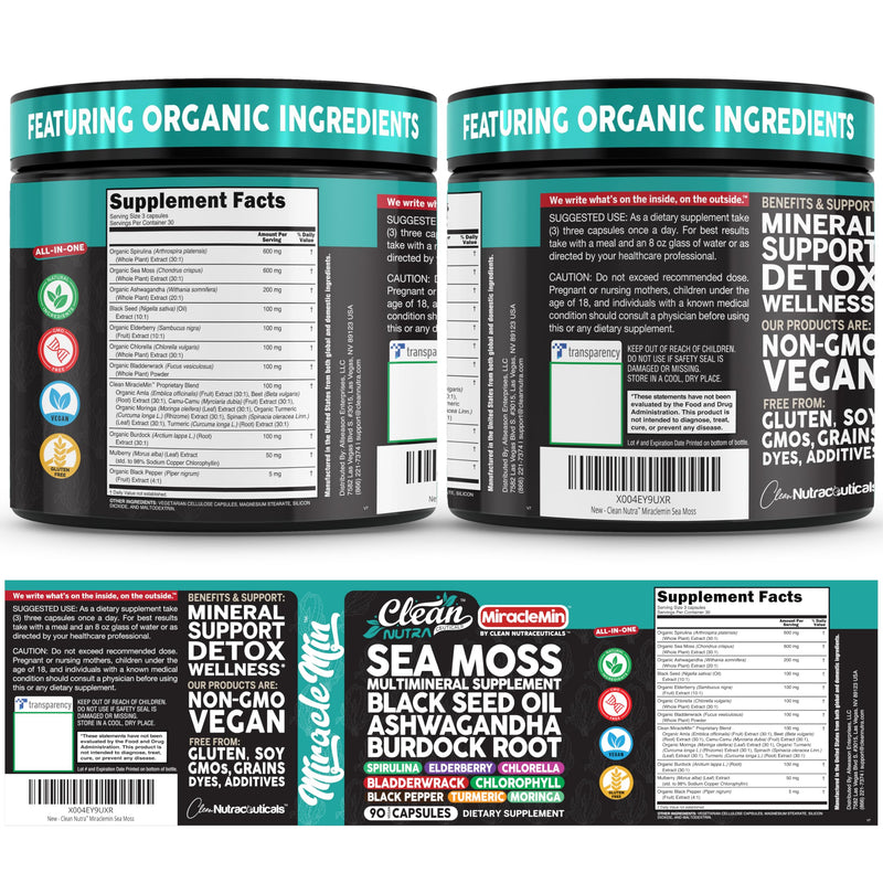 Clean Nutra Organic Sea Moss Capsules with Ashwagandha, Black Seed Oil, Burdock Root, Bladderwrack, Moringa, Chlorella, Spirulina, Turmeric, Elderberry, Amla � 90 Vegan Capsules � MiracleMin 1