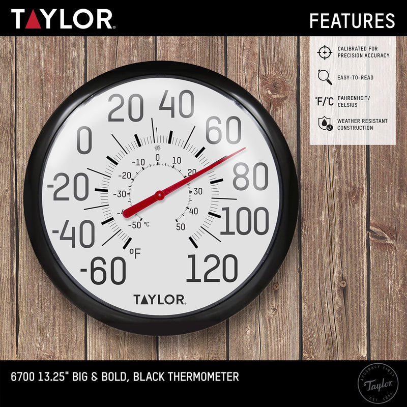 Taylor Big and Bold Wall Thermometer, Indoor Outdoor Thermometer, Wireless Thermometer with Easy to Read Numbers for Patio, Pool, and Indoor Areas, 13.25-inch, Black