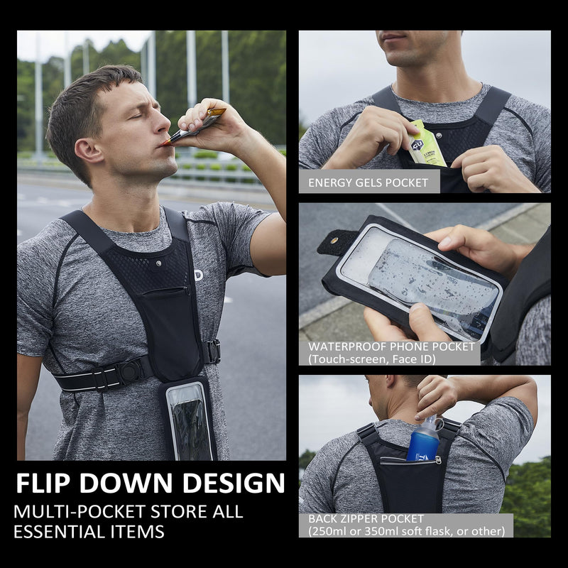 REVALI Running Vest for Men Women, USA Patent, Ultralight Reflective Running Vest Phone Holder Chest Pack for Hiking Cycling Black