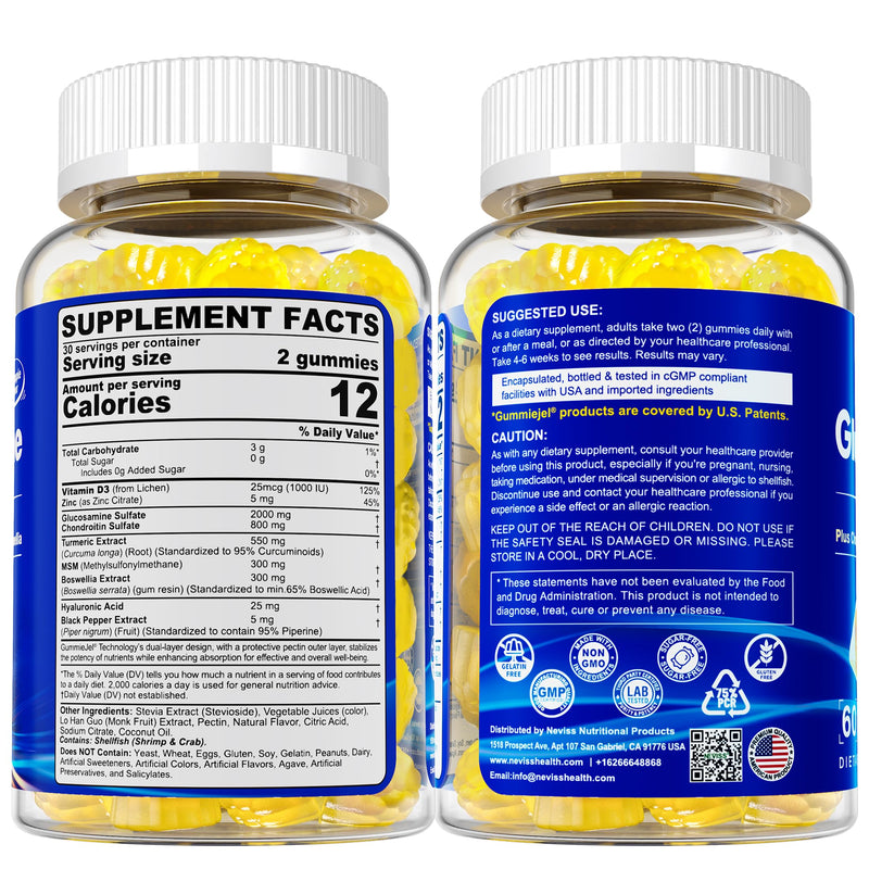 NEVISS Glucosamine Chondroitin Gummies with MSM & Turmeric, Sugar Free | Extra Strength - Flexibility Support with Boswellia, Hyaluronic Acid, Vitamin D3 & Zinc, Pineapple Flavor, 60Cts 60 Count (Pack of 1)