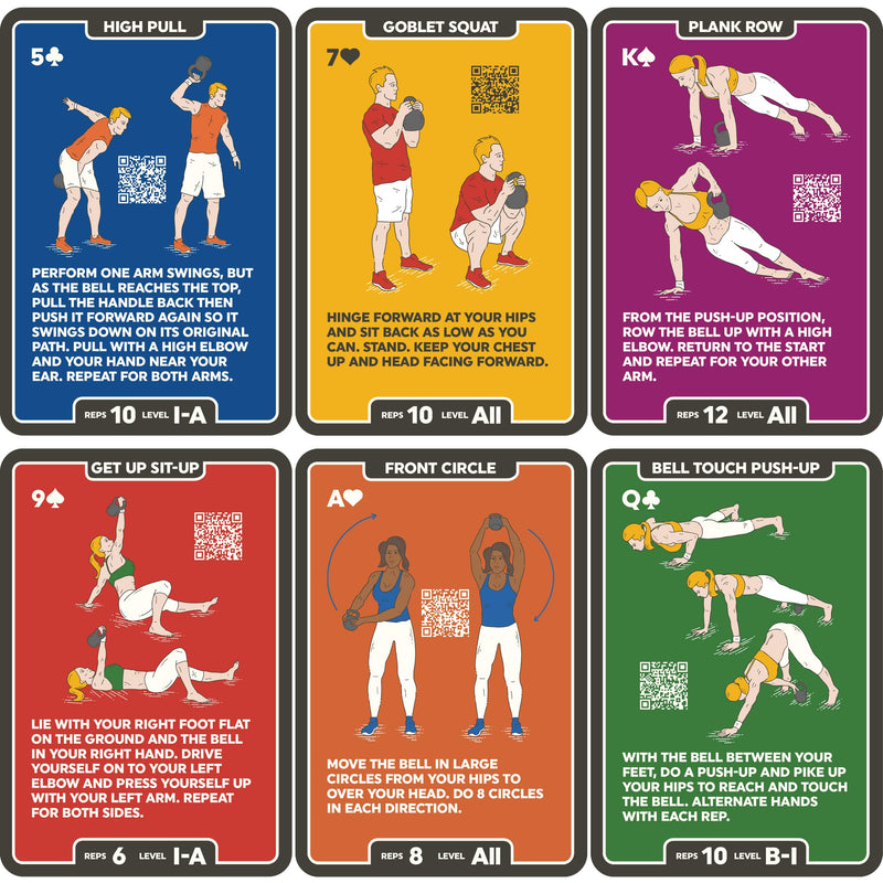 Stack 52 Kettlebell Exercise Cards. Workout Playing Card Game. Video Instructions Included. Learn Kettle Bell Moves and Conditioning Drills. Home Fitness Training Program. (2019 Mega Pack) 2019 Mega Pack