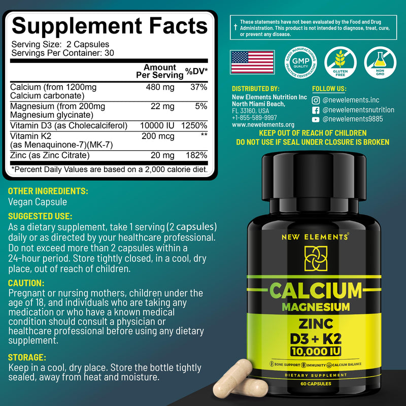 Calcium Supplements 1200mg for Women & Men with Vitamin D3 K2 + Magnesium Glycinate & Zinc | D3 10,000 IU | K2 200mcg | Magnesium 200mg | Zinc 20mg | Bone, Muscle & Immune Support - Vegan - Non-GMO