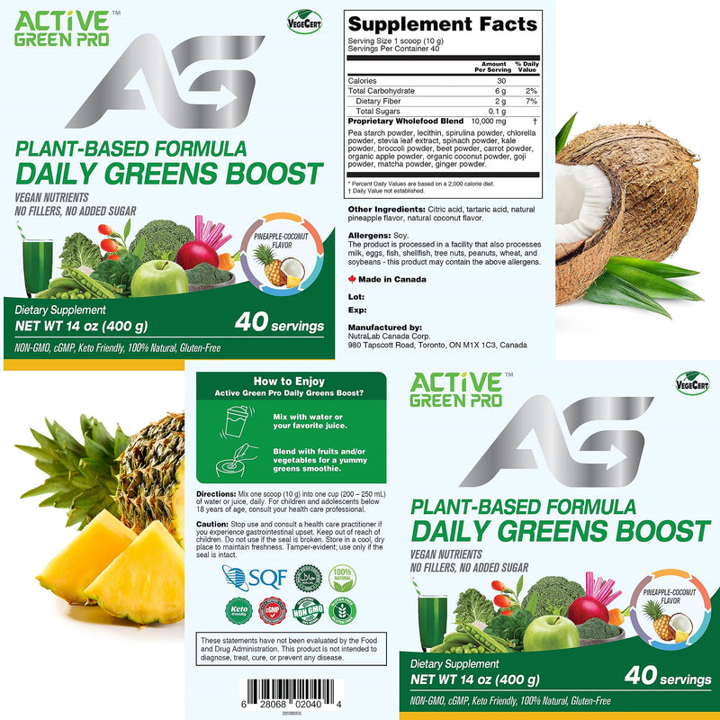 Daily Green Boost - Greens Powder – 14 Different Green Superfoods in Each Serving - Full of Essential Antioxidants, Fiber, Vitamins and Minerals – Everyday Health and Detox Pineapple-Coconut - BeesActive Australia