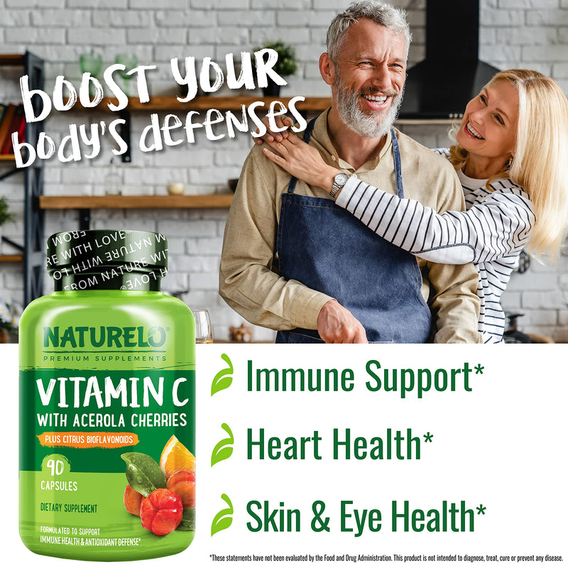 NATURELO Vitamin C 500 mg, Immune Support, Vegan, 180 Capsules | Organic acerola cherry extract, citrus bioflavonoids, Non-GMO, 500 mg VIT C per Cap 180 Count (Pack of 1)