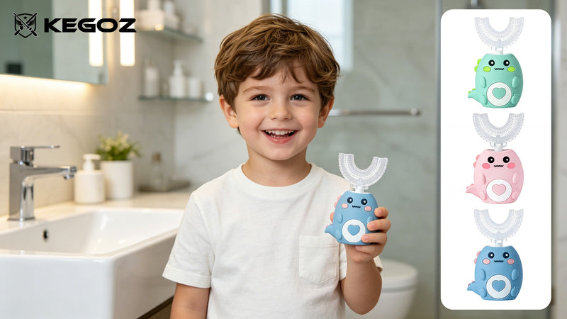 Kids Electric U Shaped Toothbrush for Ages 6-12, Sonic 360º Cleaning Toothbrush with 4 Brush Heads, 3 Modes, 50s Timer, IPX7 Waterproof, Cartoon Dinosaur Design, Gift for Boys & Girls (Pink) Pink