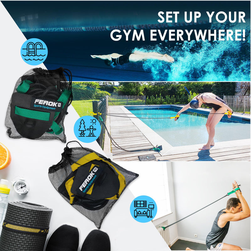 Swimming Resistance Band with Hand Paddles, Stretch Cord, Fitness Bands for Swimming, Training Equipment, Arm Strength Exercise, Powercord - Including Exercises - Medium Green