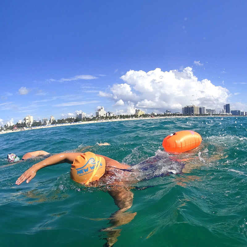 New Wave Swim Bubble for Open Water Swimmers and Triathletes - Be Bright, Be Seen & Be Safer with New Wave While Swimming Outdoors with This Safety Swim Buoy Tow Float Orange Bubble