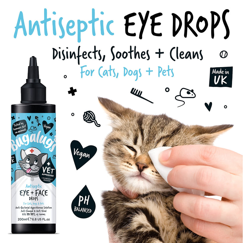 BUGALUGS Dog Eye Drops 200ml, Antiseptic eye drops for dogs, puppy, cats & animals. Antibacterial for dry, itchy, irritated, gunky & tear stain eyes. Eye Wash Cleaner Cat 200ml