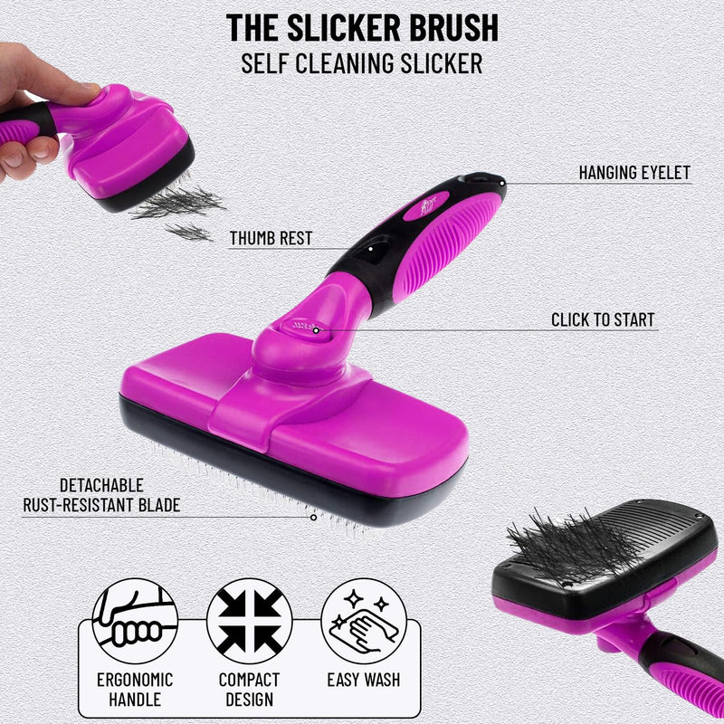 Complete Professional Pet Grooming Kit with Pet Hair Removal Tool Brush Gloves, Self Cleaning Slicker Brush, and Pro Grooming Dog Brush Deshedder Comb to Reduce Shedding (Pink) Pink - BeesActive Australia