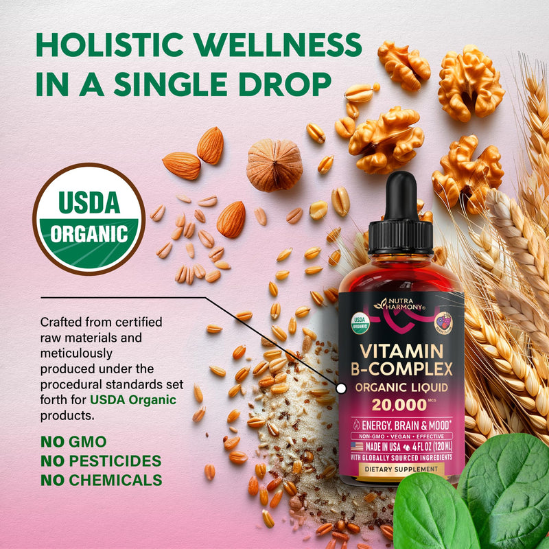 USDA Organic Vitamin B-Complex 20000mcg - B5, B12, B1, B6, B7, B9, B3 - 4Oz | B Complex Liquid Drops - Pantothenic Acid, Methylcobalamin, Thiamine, Pyridoxine, Biotin, Folic, Niacinamide - Berry Flavor B-Complex 4oz