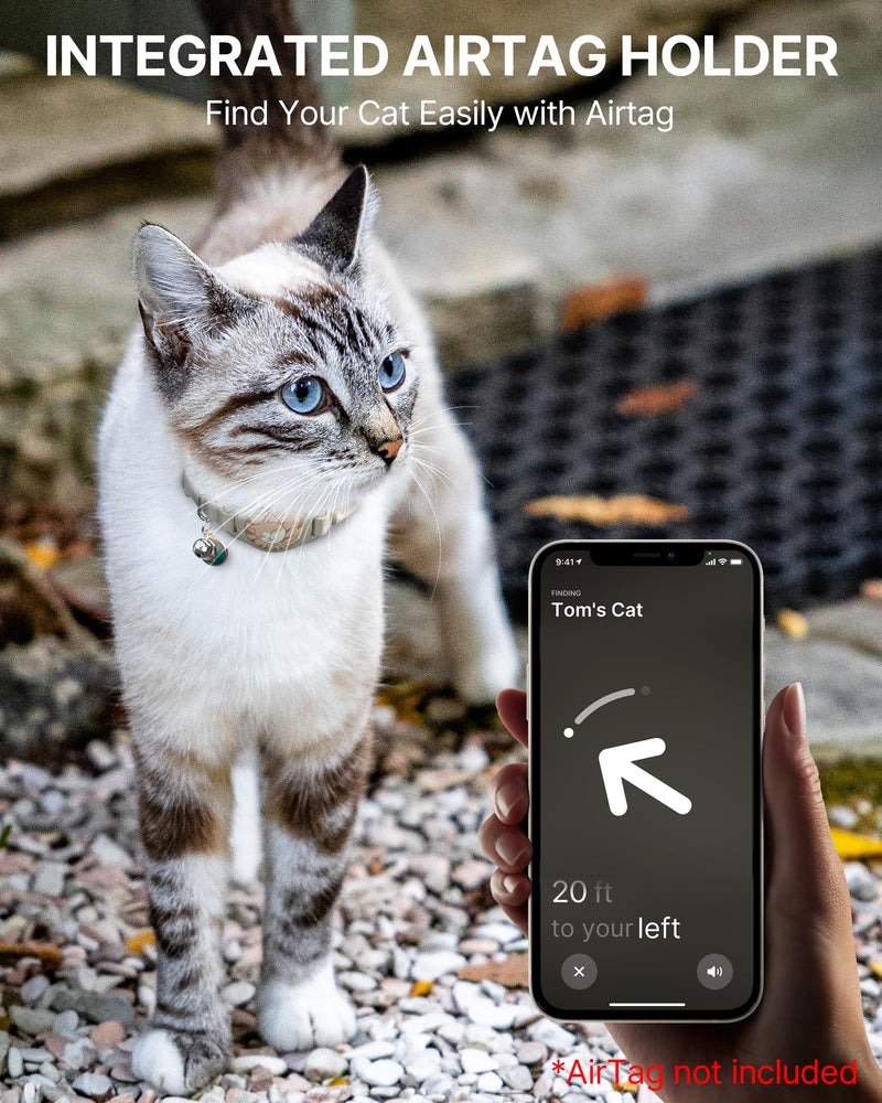 Cat Collar with Airtag Holder, Breakaway Airtag Cat Collar for Apple Air Tag with Luminous & Reflective Pattern, Waterproof GPS Cat Tracker Collars for Boy Girl Cats Kittens with Bell, Khaki (6-12") - BeesActive Australia