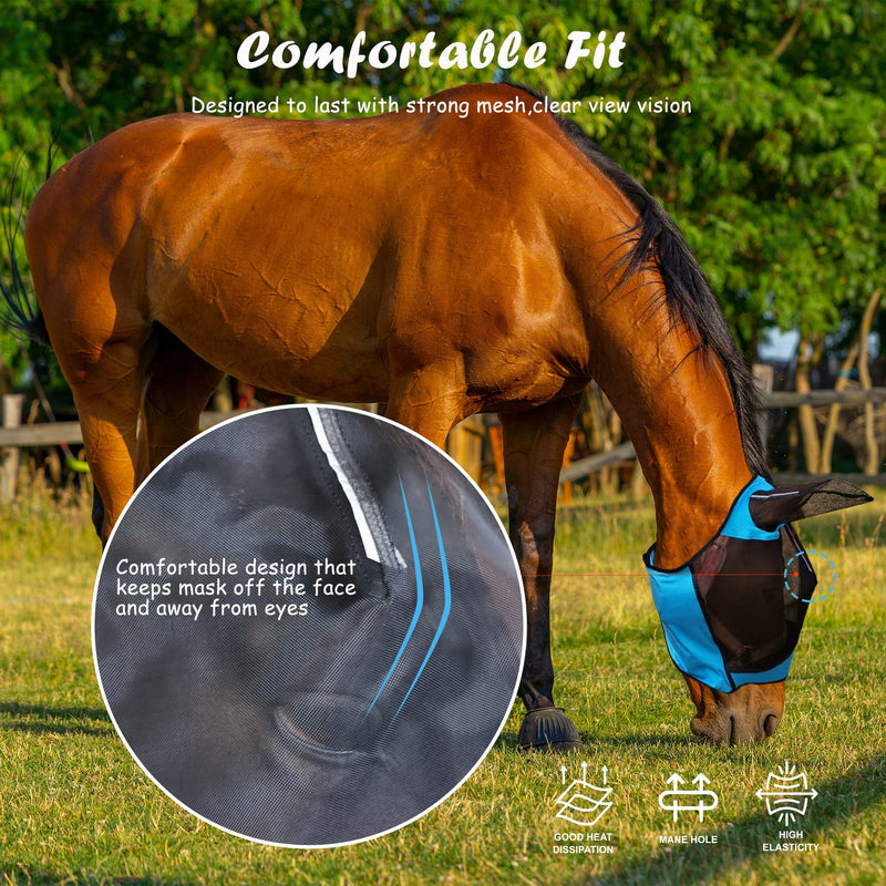 Fly Masks for Horses Equestrian Horse Supplies Horse Fly Mask with Ear Breathable Fine Mesh for Eye Protection from Insect Pests and UV Protection, Adjustable Fit for Comfort (Blue, Large) BLUE - BeesActive Australia
